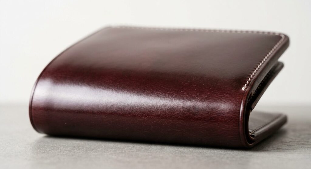コードバン財布の表面。緻密な繊維と独特の光沢が特徴