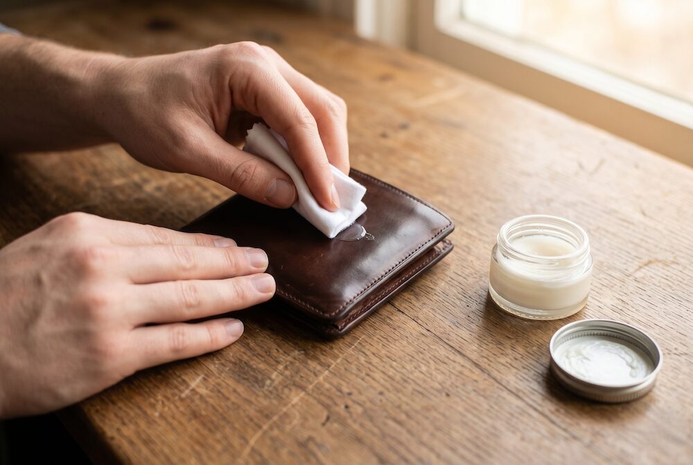コードバン専用クリームを綿クロスに取り、財布に薄く塗る手元