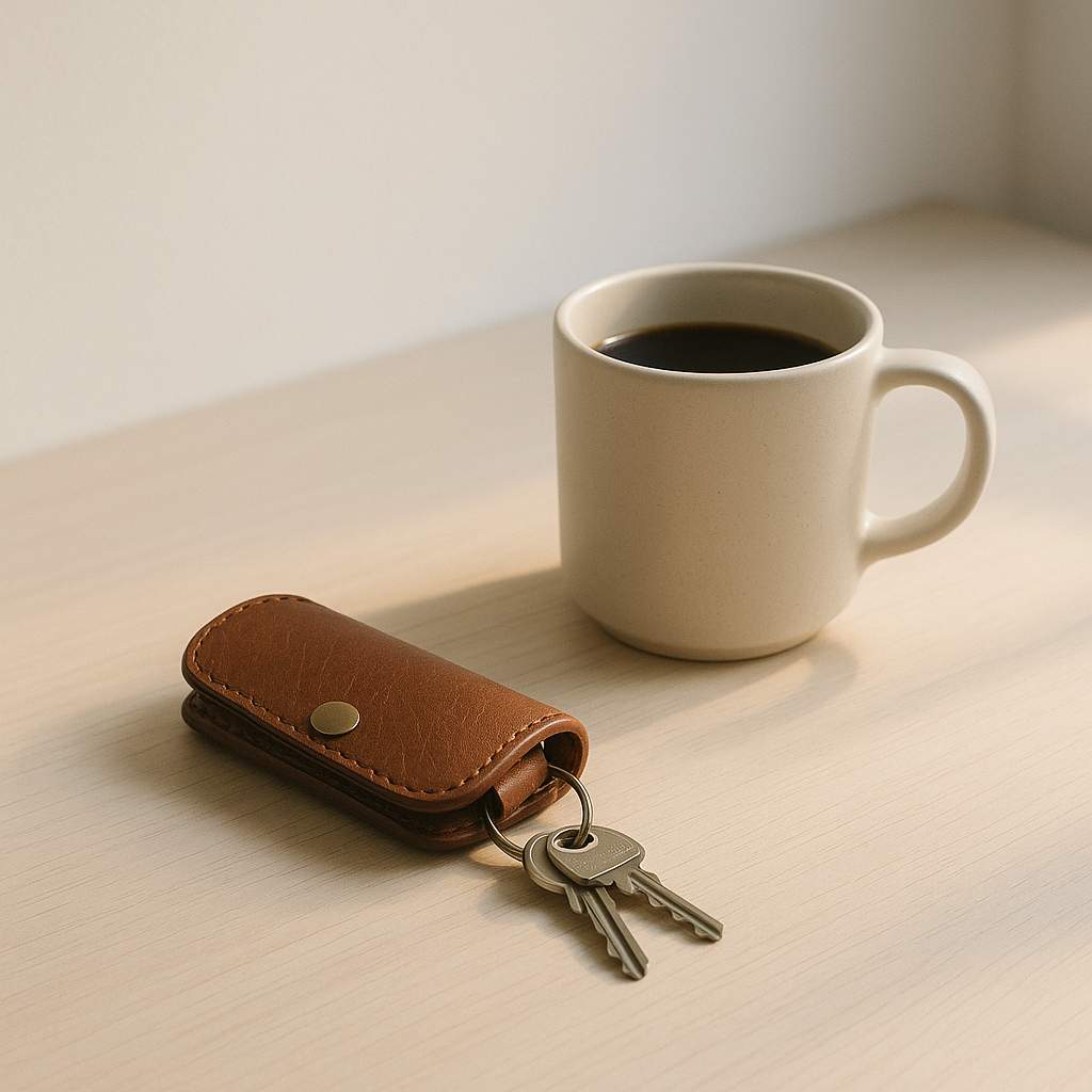 朝の机に置かれたガンゾの革製キーケースとコーヒーカップ