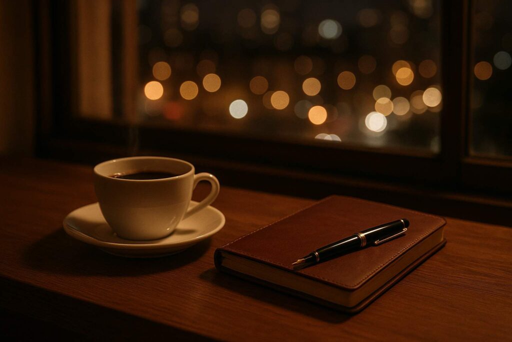 夜のデスクでコードバン財布の購入を迷う落ち着いた時間