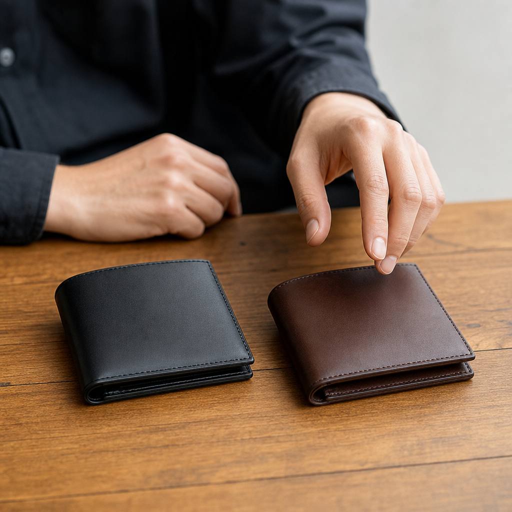 落ち着いた色の二つ折り革財布をテーブルに置いた贈り物の一場面