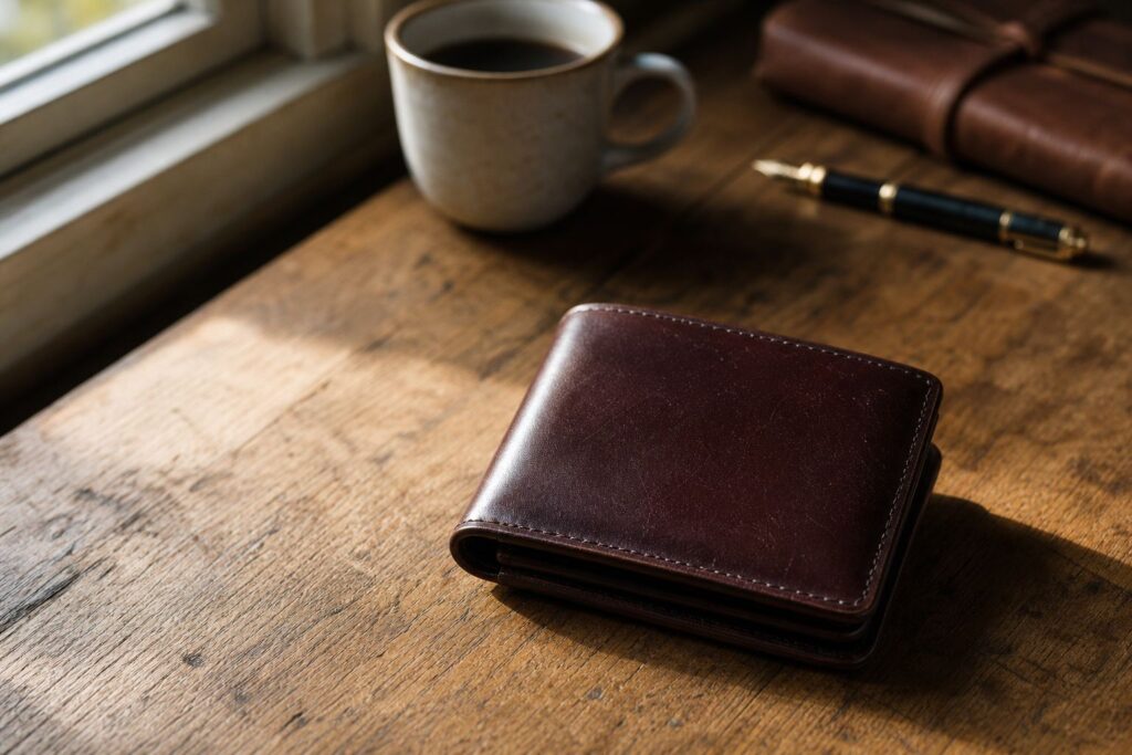 深い艶を放つコードバンの革表面のクローズアップ