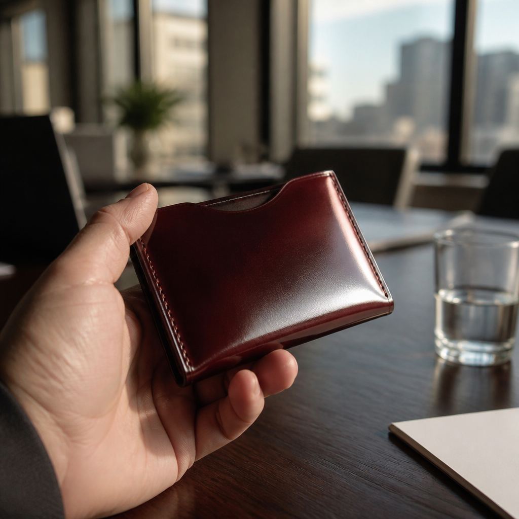 商談の机でコードバンの名刺入れを開く手元、窓の光で艶が光る場面