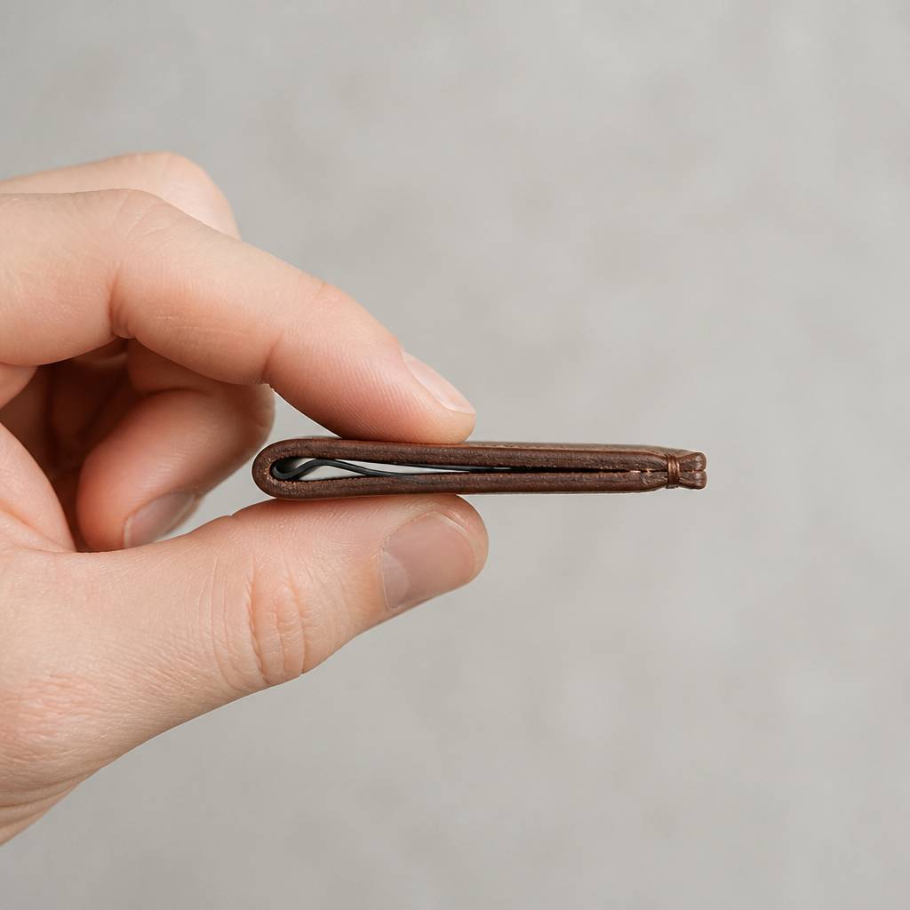 手に持った薄い革のマネークリップの厚みの薄さが伝わるクローズアップ
