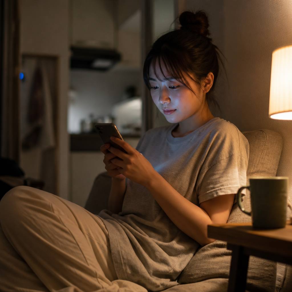 スマートフォンでベルトを探す20代女性の手元