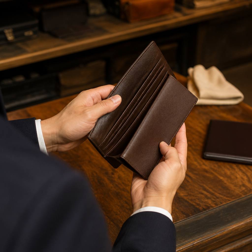 店のカウンターで革財布を開いて確かめる手元
