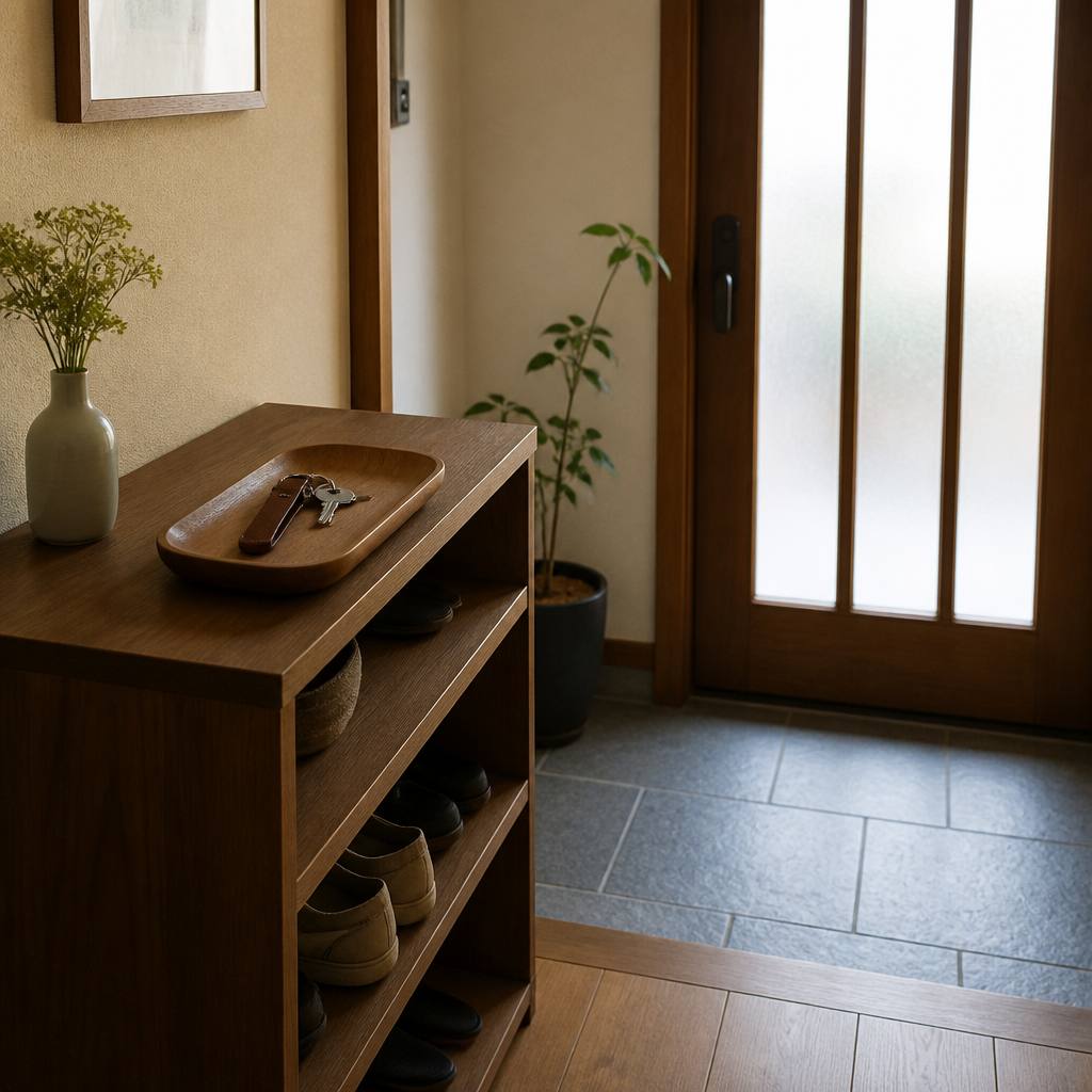 玄関で鍵を手に取る朝の風景