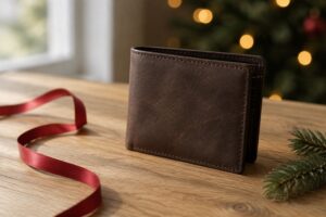 クリスマスの赤いリボンを添えた焦げ茶の革の二つ折り財布