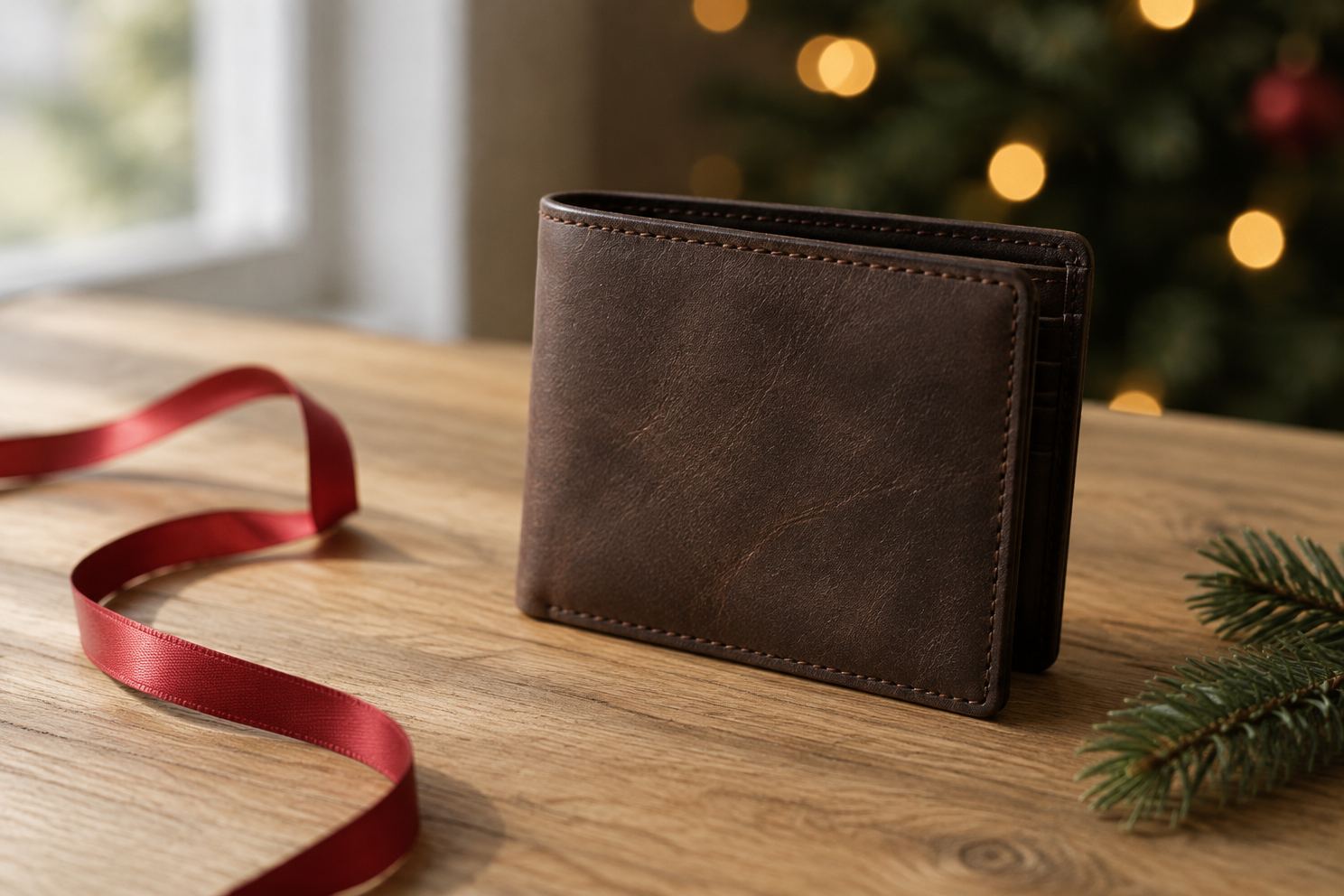 クリスマスの赤いリボンを添えた焦げ茶の革の二つ折り財布