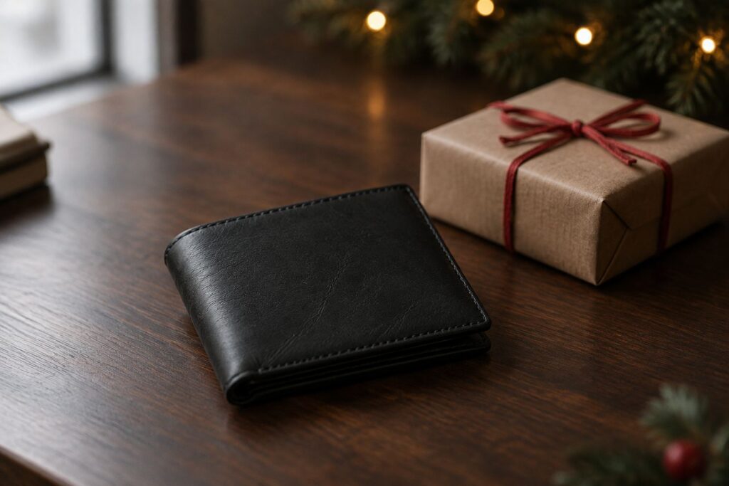 クリスマスのラッピングを添えた黒い革の二つ折り財布