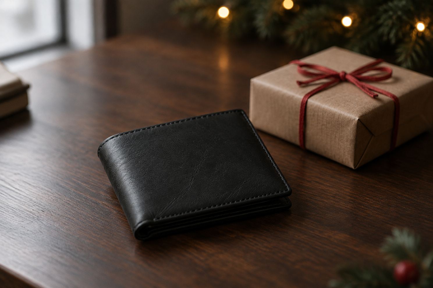 クリスマスのラッピングを添えた黒い革の二つ折り財布