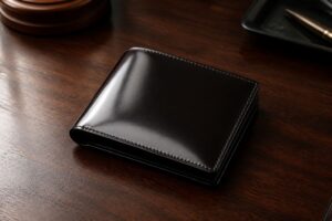 黒いコードバンの二つ折り財布を木の机に置いて斜め上から見たところ