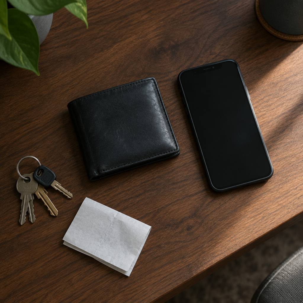 スマートフォンと並べて置いた小さな革の二つ折り財布
