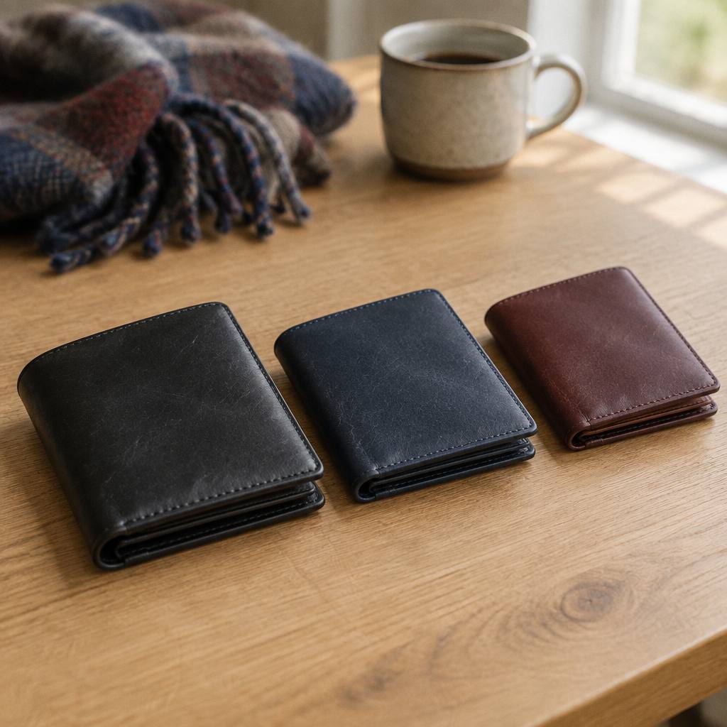木のテーブルに並べた二つ折りの革財布3つ