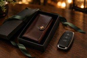 黒いギフト箱に入った茶色の革のキーケースと車のスマートキー