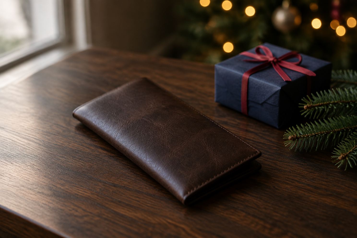 クリスマスのリボンを添えた焦げ茶の革の長財布