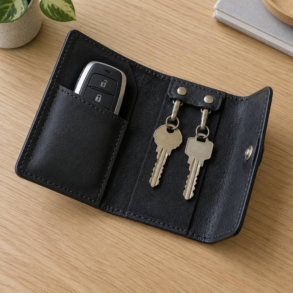 スマートキーと家の鍵を収めて開いた黒い革のキーケース