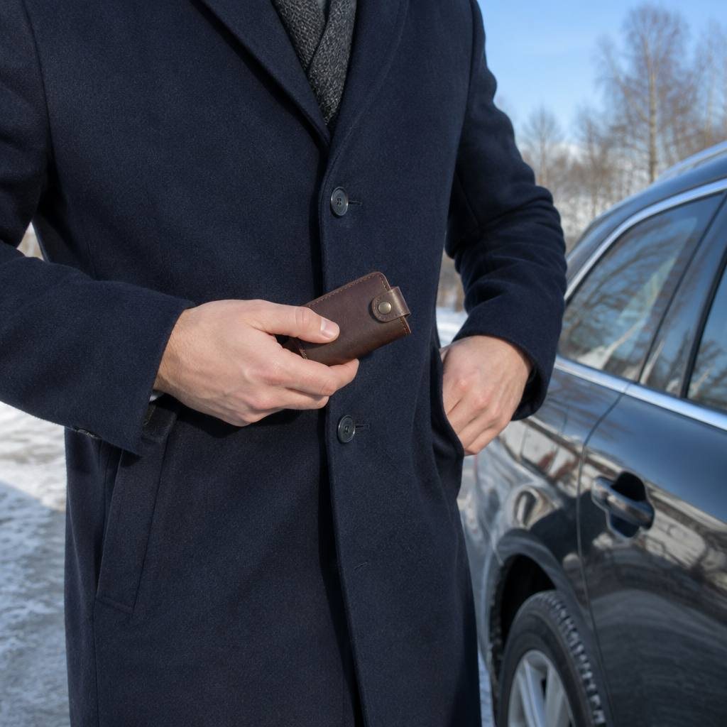 車のそばでコートのポケットから革のキーケースを出す男性