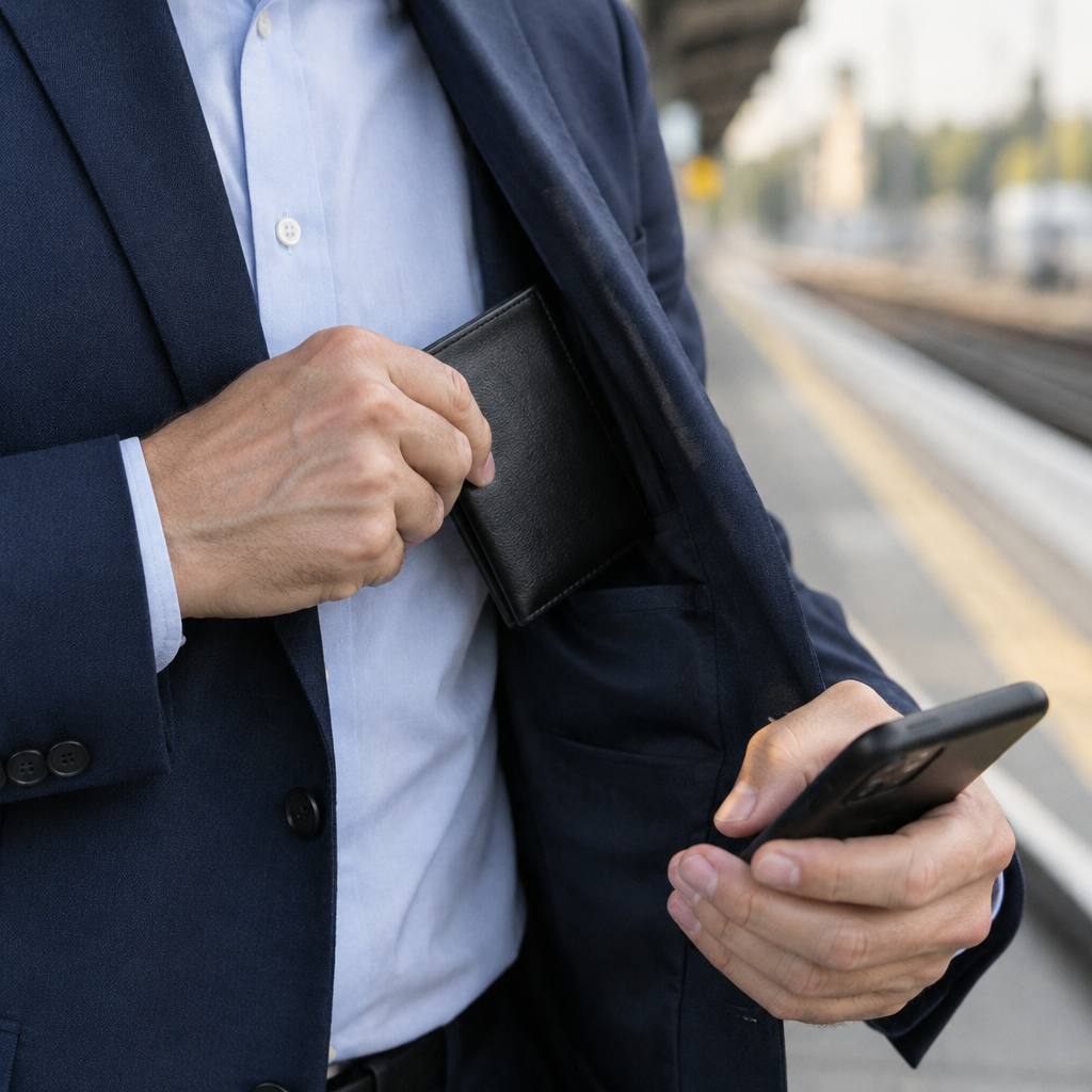 駅のホームで薄い黒の札入れをスーツの内ポケットに入れる男性の手元